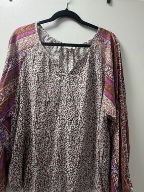 Umgee Floral Patchwork Peasant Top in Pink, Brown and Purple